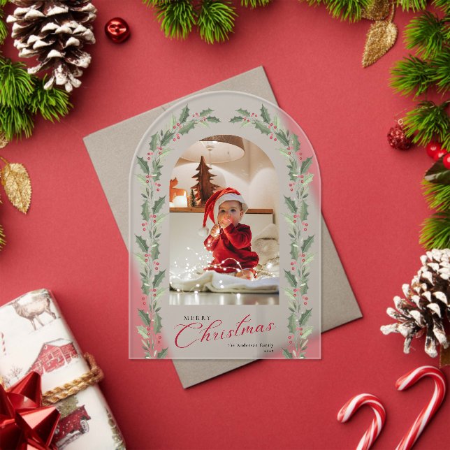 Elegant Simple Arch 1 Photo Christmas Holiday Card Acrylic Invitations (Insitu (Holiday))