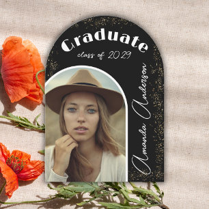 Elegant Simple Arch Photo Black Gold Graduation Invitation