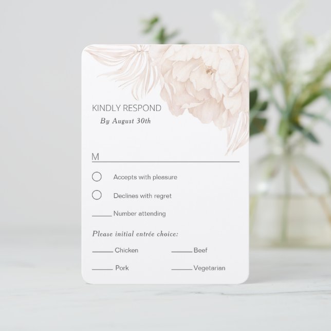 Elegant simple Beige Peony-RSVP with meal choice RSVP Card (Standing Front)