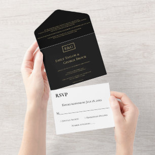 Elegant Simple Black And Gold Monogram Wedding All In One Invitation