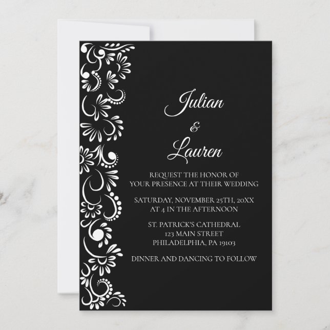 Elegant simple black and white floral wedding invitation (Front)