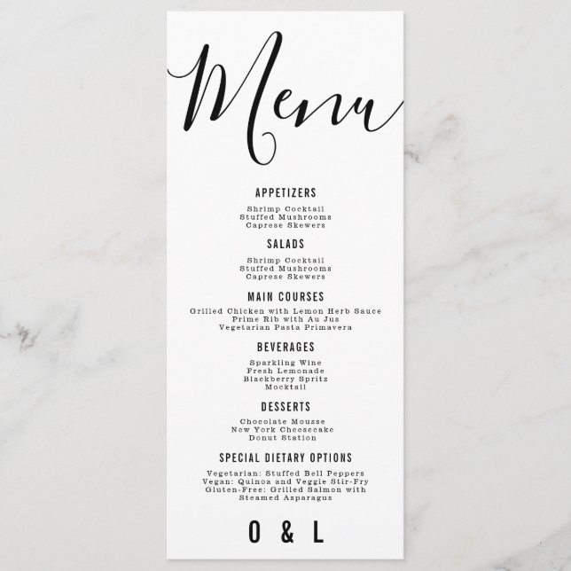 Elegant Simple Black and White Monogram Wedding Menu (Front)
