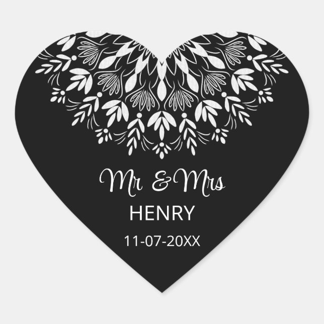 Elegant simple black and white wedding heart sticker (Front)