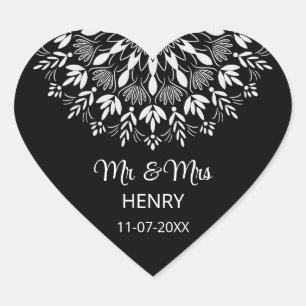 Elegant simple black and white wedding heart sticker