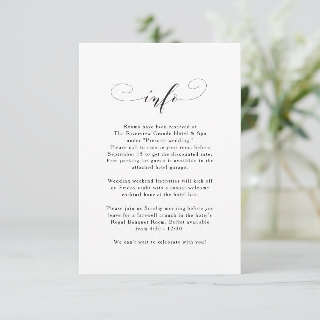 Elegant simple black and white wedding information enclosure card (Standing Front)
