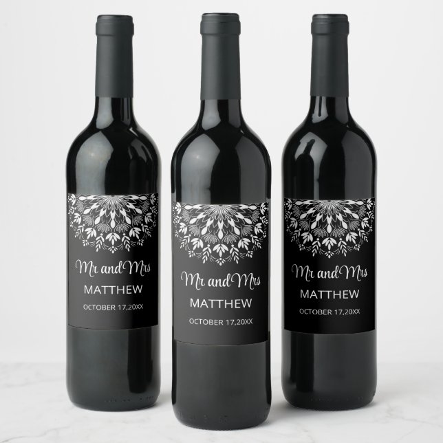 Elegant simple black annd white wedding wine label (Bottles)