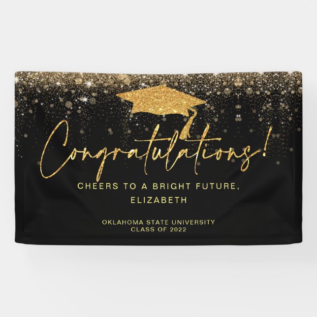 Elegant Simple Black Gold Glitter Graduation Banne Banner (Horizontal)