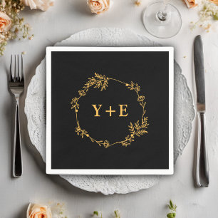 Elegant Simple Black Gold Monogrammed Wedding Napkin