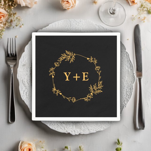  Elegant Simple Black Gold Monogrammed Wedding Napkin (Creator Uploaded)