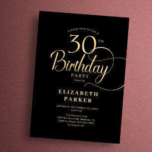Elegant Simple Black Gold Script 30th Birthday Invitation