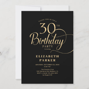 Elegant Simple Black Gold Script 30th Birthday Invitation