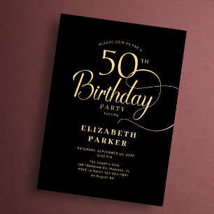 Elegant Simple Black Gold Script 50th Birthday Invitation