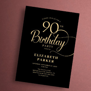 Elegant Simple Black Gold Script 90th Birthday Invitation