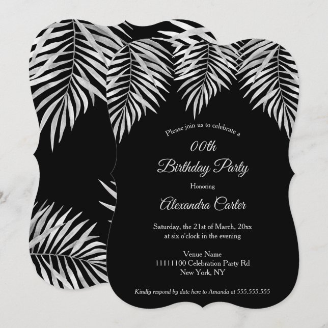 Elegant Simple black grey palms Birthday Party Invitation (Front/Back)