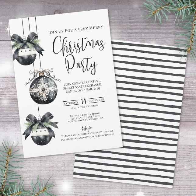 Elegant Simple Black White Christmas Party Invitation (Elegant Simple Black White Christmas Party Invitat Invitation)