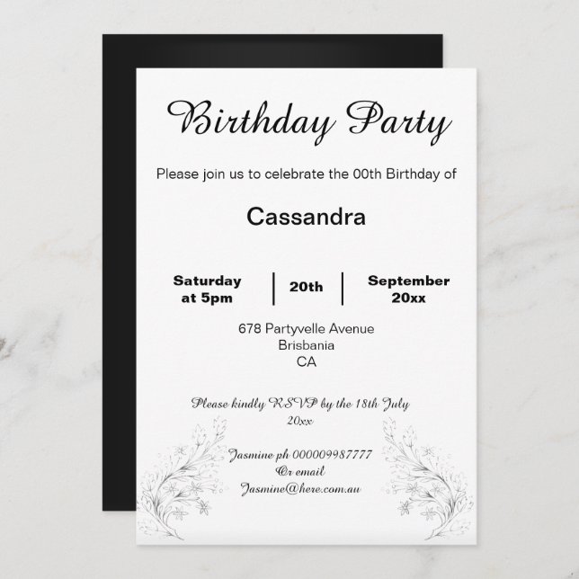 ELEGANT & SIMPLE BLACK WHITE CUSTOM BIRTHDAY INVITATION (Front/Back)
