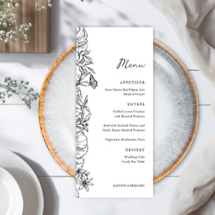 Elegant Simple Black White Floral Garden Wedding Menu