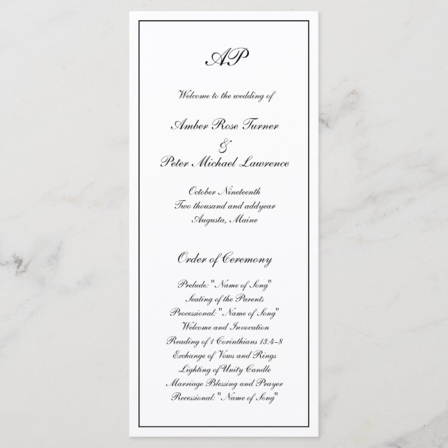 Elegant Simple Black White Formal Monogram Wedding Programme (Front)