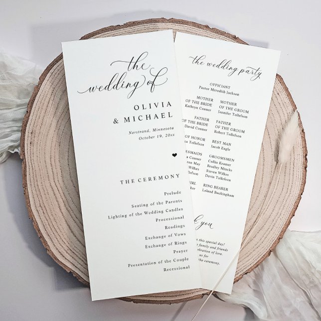Elegant Simple Black & White Heart Wedding Programme (Simple elegant wedding programs with heart and calligraphy. Classic black and white)