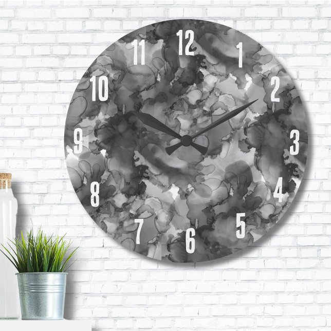 Elegant Simple Black White Large Clock (Cute Modern Minimal Elegant Gray Black Watercolor Large Clock)