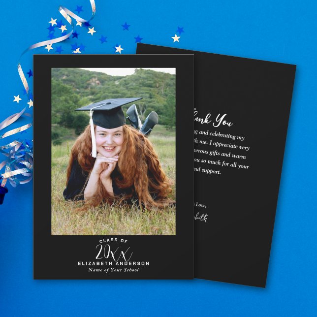Elegant Simple Black White Script Graduation Photo Thank You Card (Creator Uploaded)