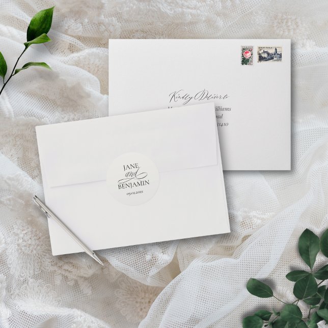 Elegant Simple Black & White Wedding Envelope Classic Round Sticker (These elegant, minimalist envelope seals will add a touch of class to your wedding invitations)