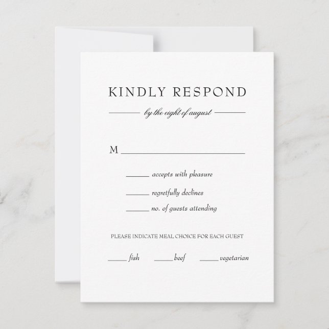 Elegant Simple Black White Wedding Meal Choice RSVP Card (Front)