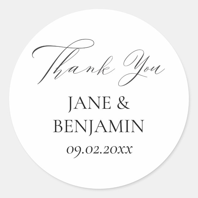 Elegant Simple Black & White Wedding Thank You Classic Round Sticker (Front)