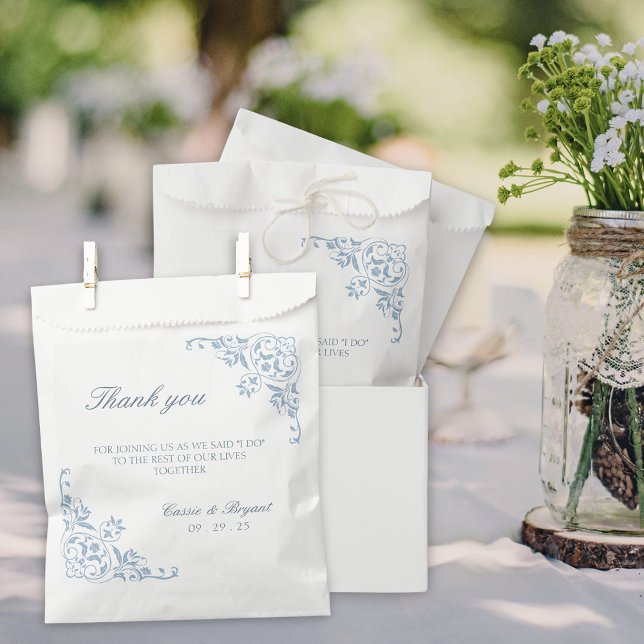 Elegant Simple Blue and White Wedding Thank You Favour Bags (elegant blue and white wedding favor bags for bridal shower thank you gifts or goodie doggie bags)