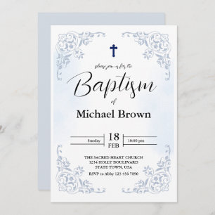Elegant Simple Blue Catholic Baptism Cross Invitation