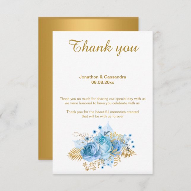 ELEGANT SIMPLE BLUE FLORAL GOLD REVERSE THANK YOU INVITATION (Front/Back)