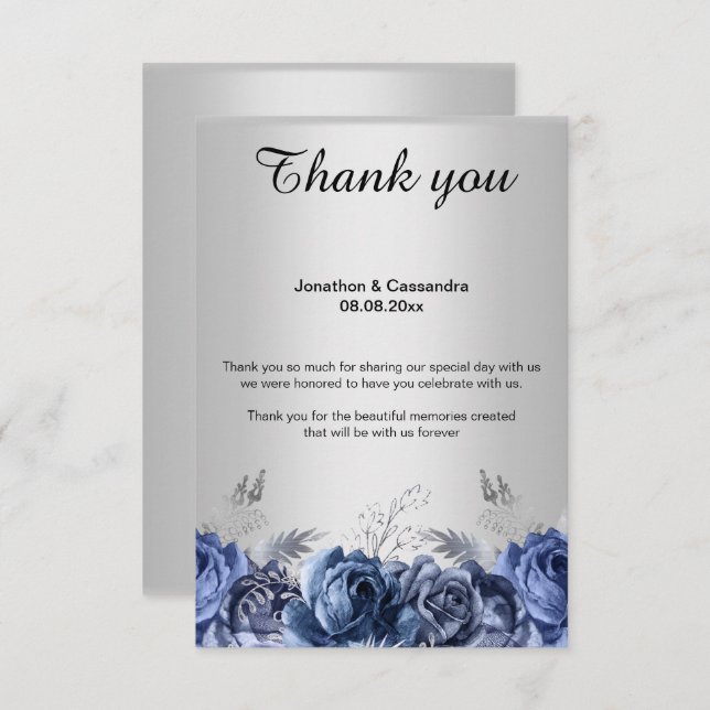 ELEGANT SIMPLE BLUE FLORAL SILVER THANK YOU CARD (Front/Back)
