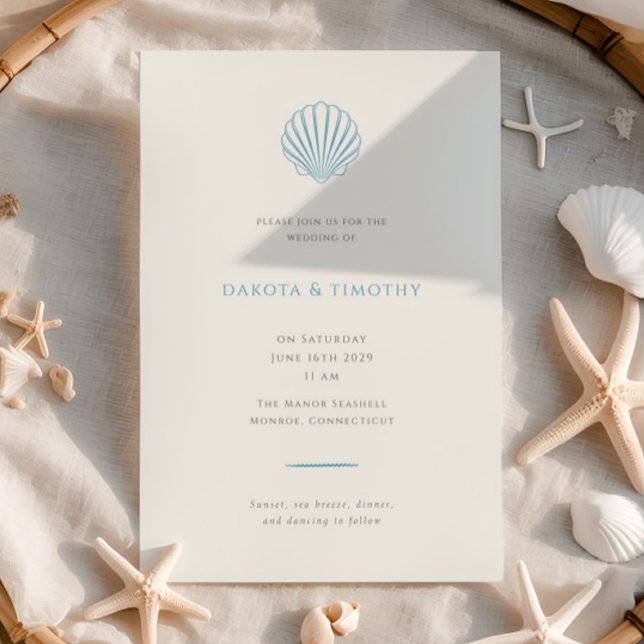 Elegant Simple Blue Seashell Wedding invitation (Creator Uploaded)