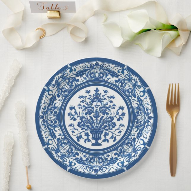 Elegant simple Blue White Flower chinoiserie style Paper Plate (Wedding)