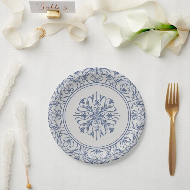 Elegant simple Blue White Flower chinoiserie style Paper Plate (Wedding)