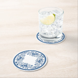 Elegant simple Blue White Flower chinoiserie style Round Paper Coaster