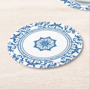 Elegant simple Blue White Flower chinoiserie style Round Paper Coaster