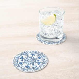 Elegant simple Blue White Flower chinoiserie style Round Paper Coaster
