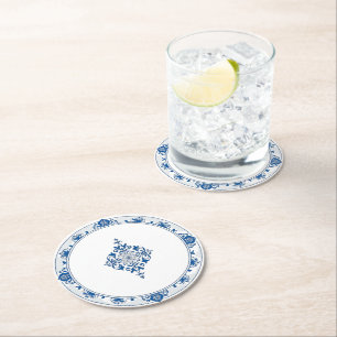 Elegant simple Blue White Flower chinoiserie style Round Paper Coaster