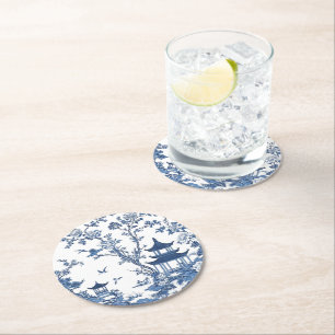 Elegant simple Blue White Flower chinoiserie style Round Paper Coaster