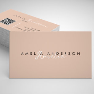 Elegant Simple Boho Beige Script QR code Business Card
