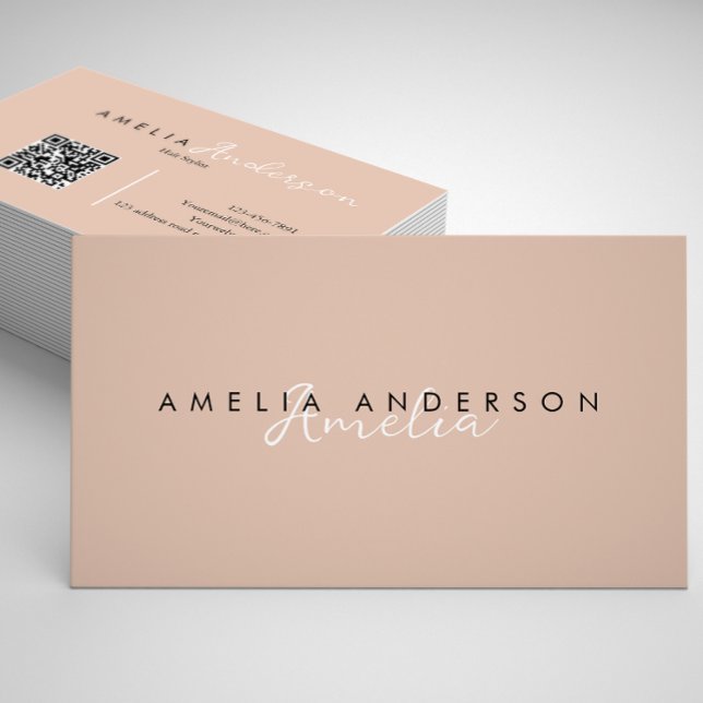 Elegant Simple Boho Beige Script QR code Business Card (Creator Uploaded)