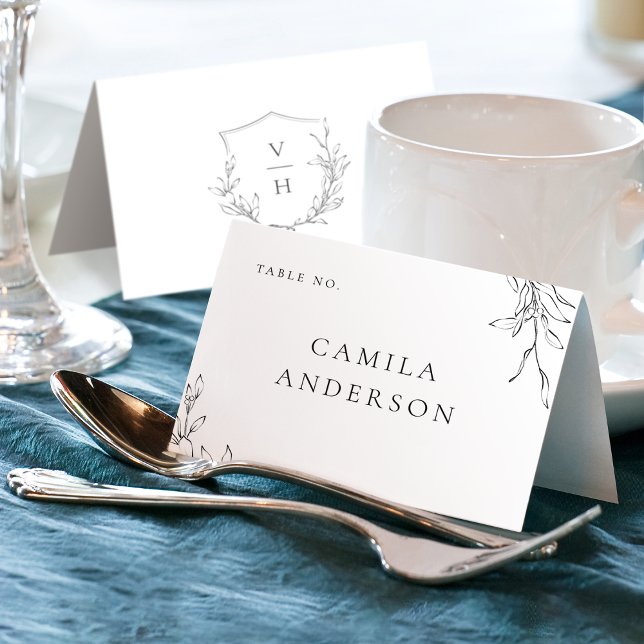 Elegant simple botanical crest monogram place card (Elegant simple botanical crest monogram place card)