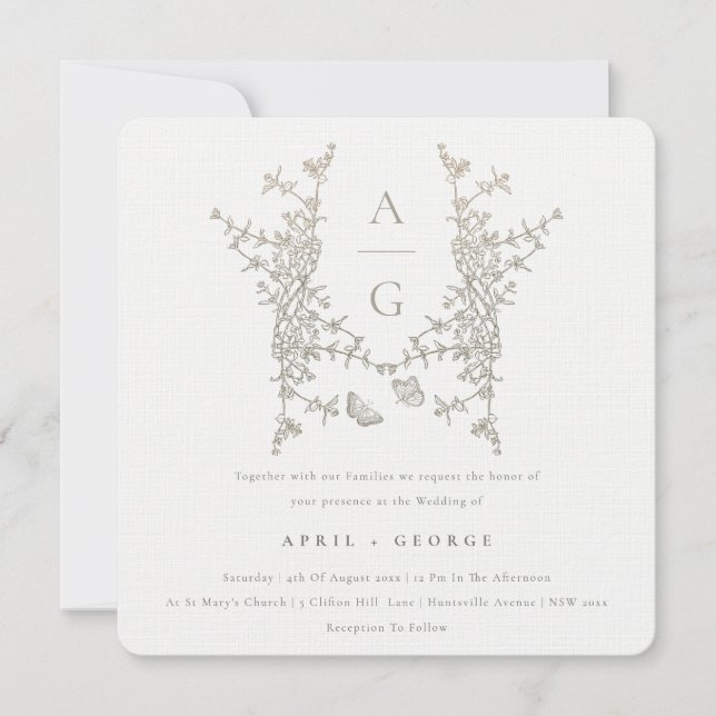 Elegant Simple Botanical Crest Monogram Wedding Invitation (Front)