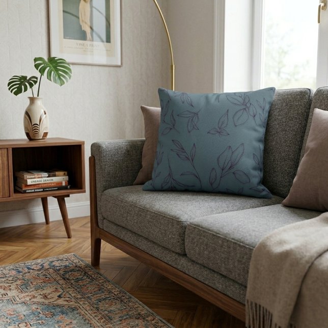 Elegant Simple Botanical Leaves On Blue Cushion (Creator Uploaded)