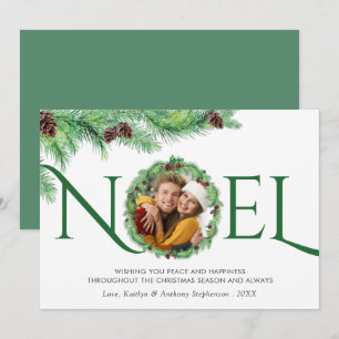 Elegant Simple Botanical Pine Wreath NOEL 1 Photo Holiday Card