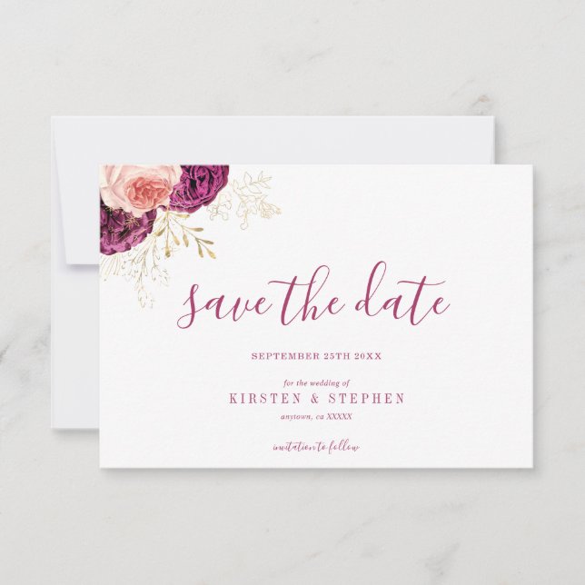 Elegant Simple Burgundy Blush Floral Save the Date Invitation (Front)