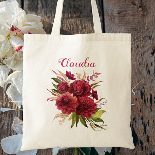 Elegant Simple Burgundy Floral Monogram Bridesmaid Tote Bag