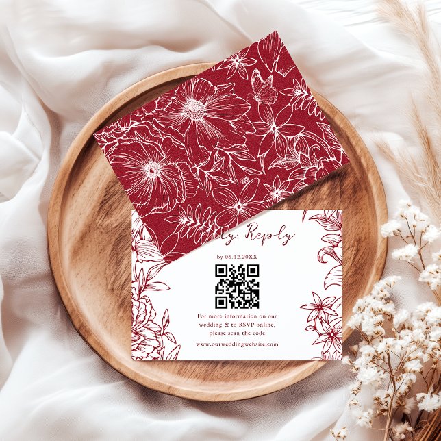 Elegant Simple Burgundy Floral QR Code Wedding RSVP Card (Creator Uploaded)