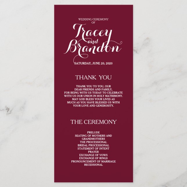 Elegant Simple Burgundy Red Custom Wedding Program Programme (Front)